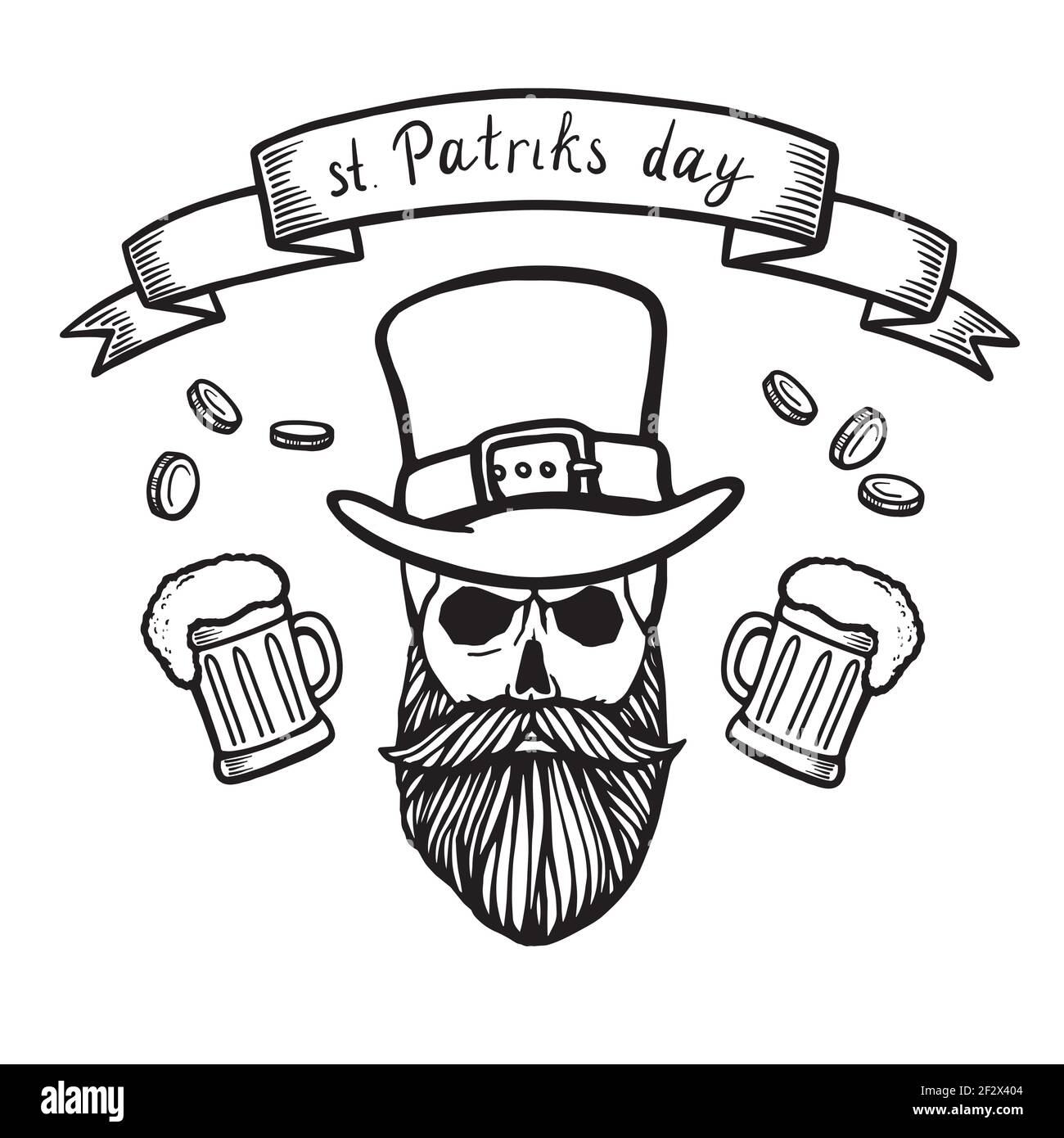 Cranio irlandese disegnato a mano con cappello, baffi e barba e trifoglio. Leprechao con tubo e nube. San patrizio. Logo vettoriale, emblema, isolato su bianco Illustrazione Vettoriale