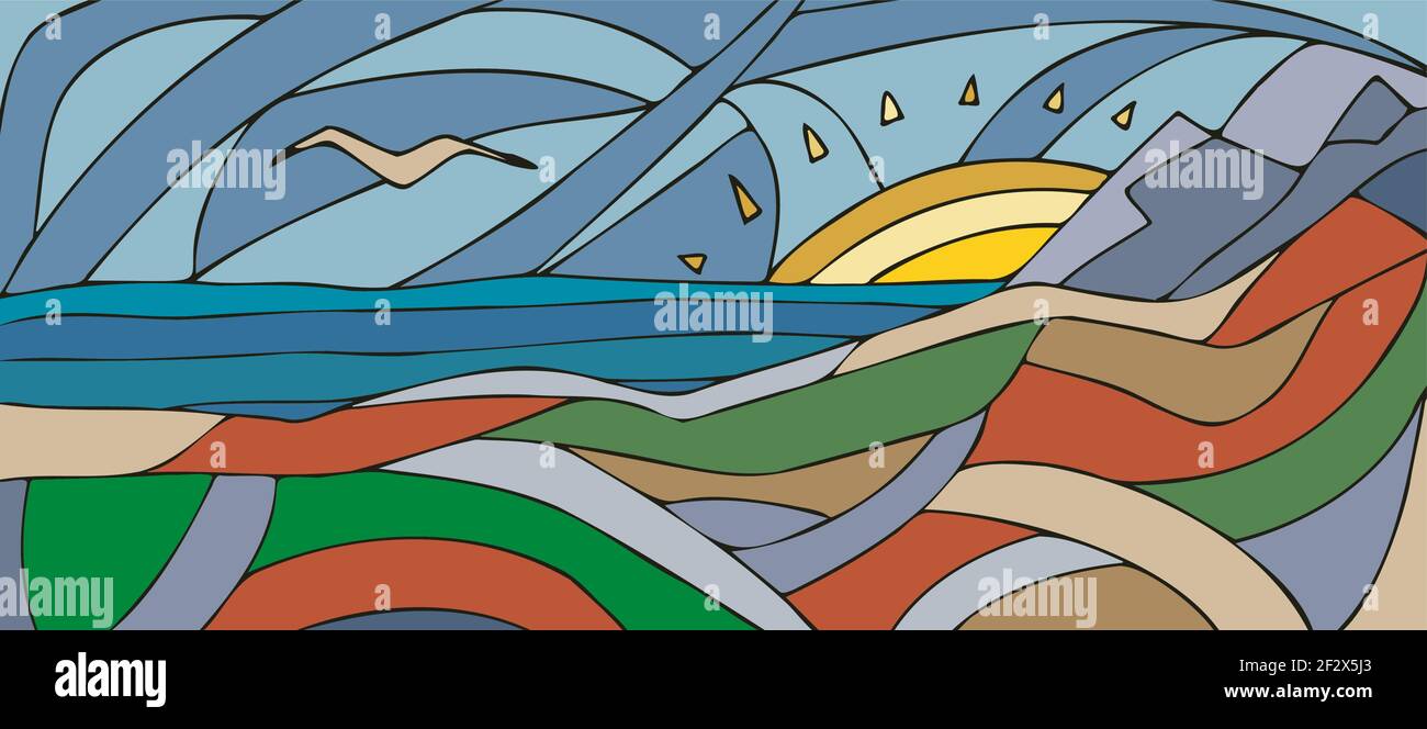 mosaico creativo sfondo in vetro colorato con sole, mare e montagne. vettore Illustrazione Vettoriale