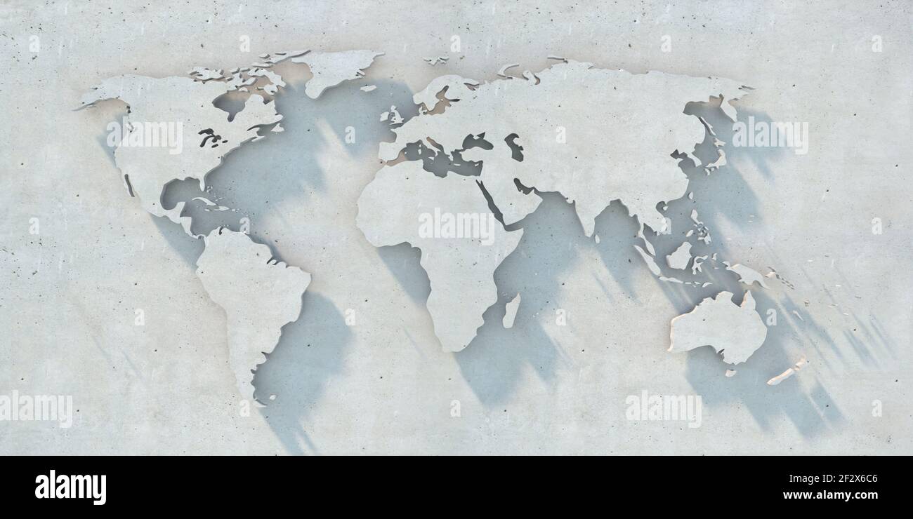 Mappa del mondo su fondo parete in cemento, texture. Vecchia costruzione vintage di pietra dura grigia. Pianeta, terra, globo, continenti bianchi An Foto Stock