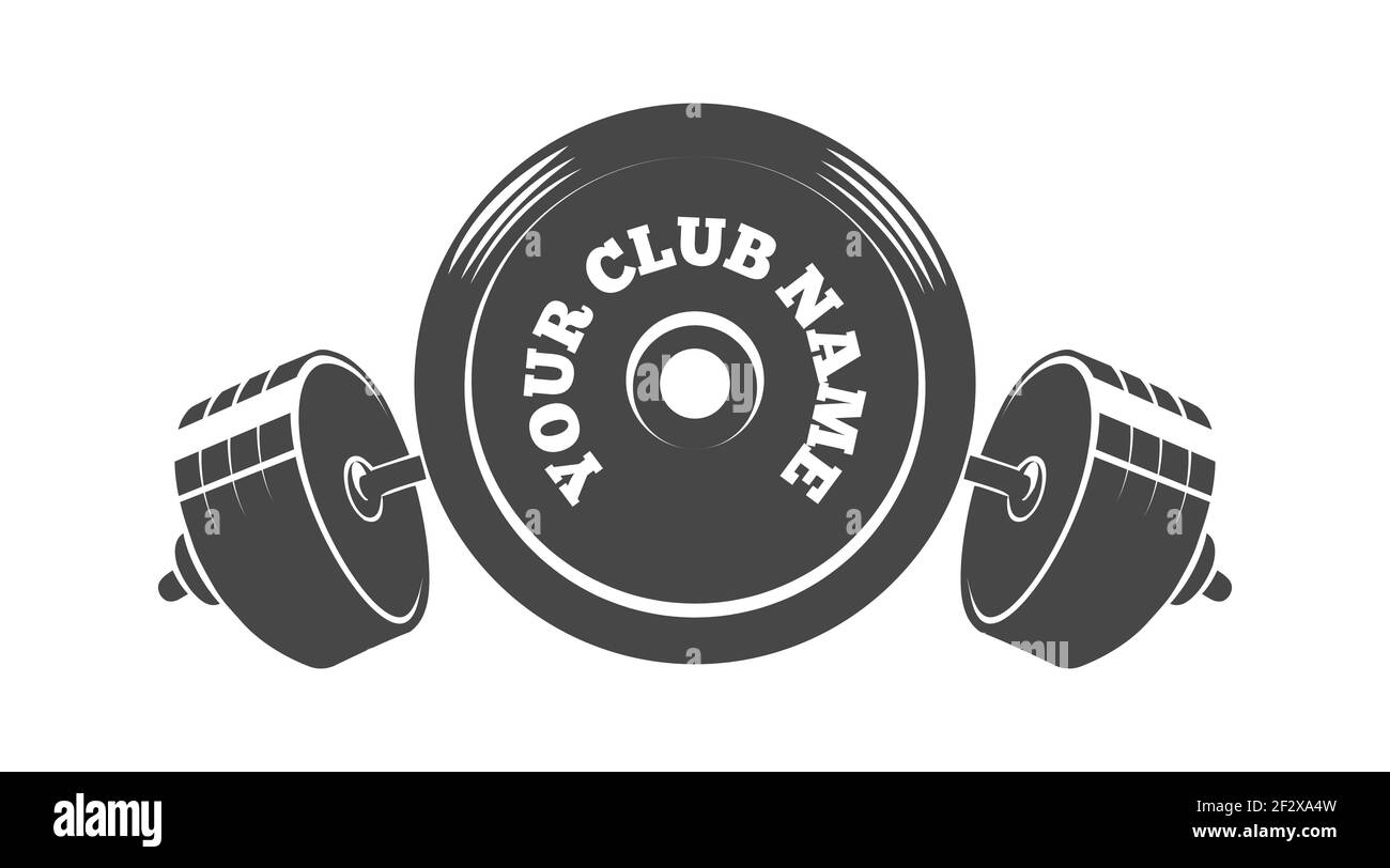Gym Fitness o emblema del club atletico con peso del barbell disegnato in stile di incisione. Illustrazione vettoriale. Illustrazione Vettoriale