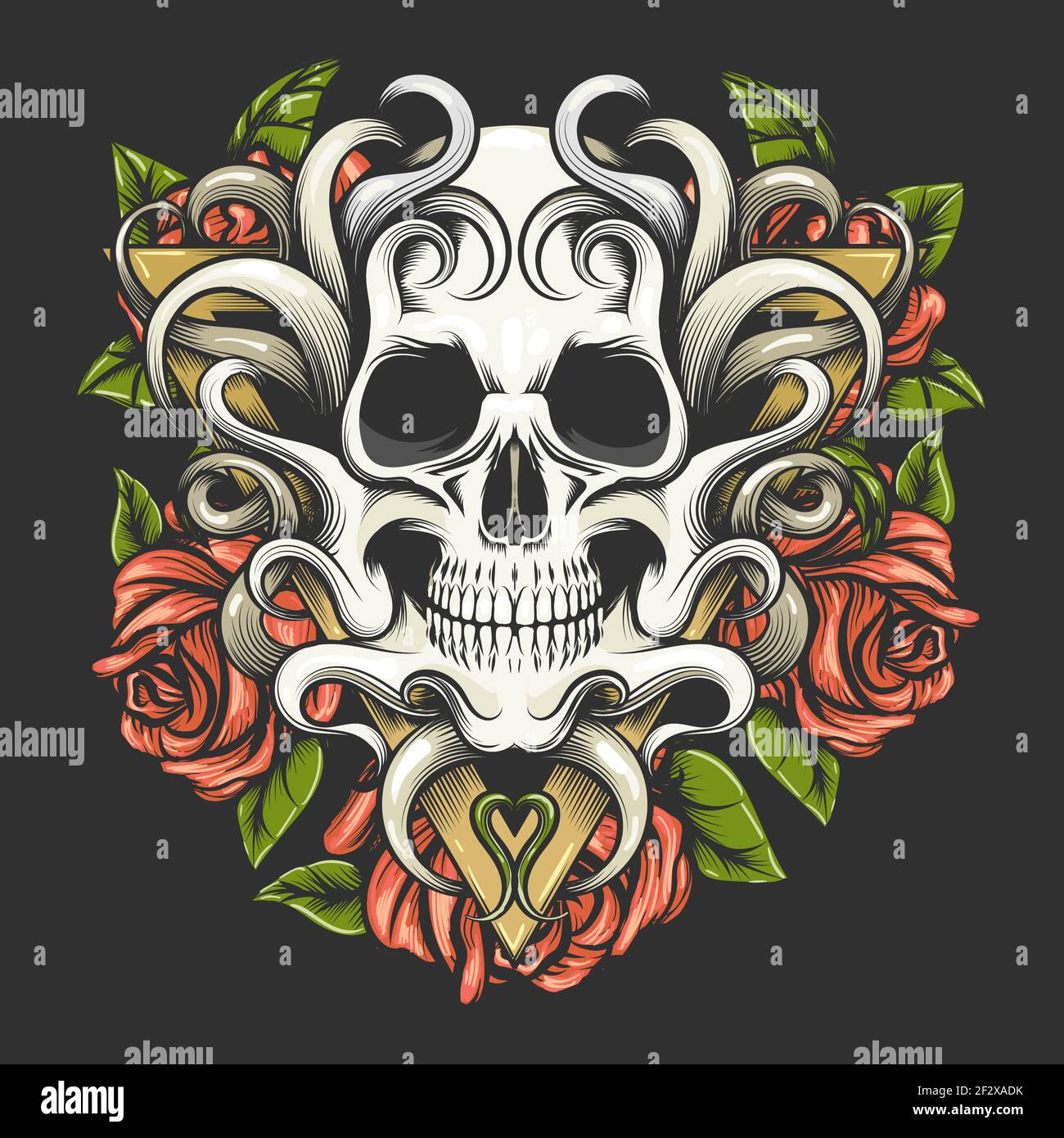 Tatuaggio di cranio e fiori di rosa a forma triangolare isolato su sfondo nero. Illustrazione vettoriale. Illustrazione Vettoriale