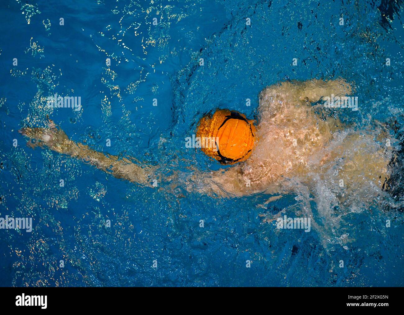 Un nuotatore maschile freestyle nuota sott'acqua all'inizio di una gara in una piscina olimpica. Foto Stock