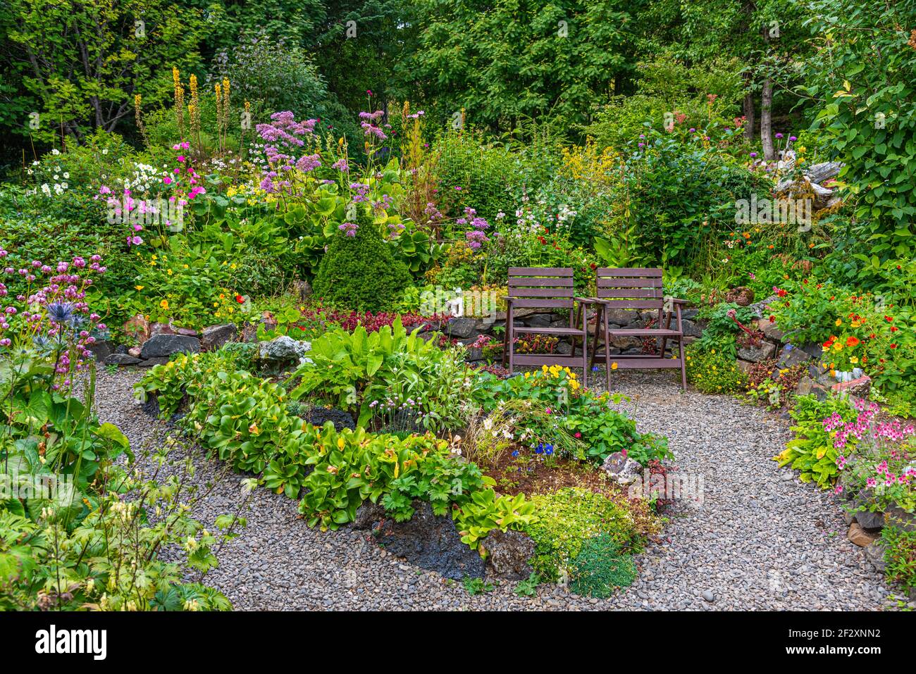 Due sedie in legno in un fiorente giardino Foto Stock