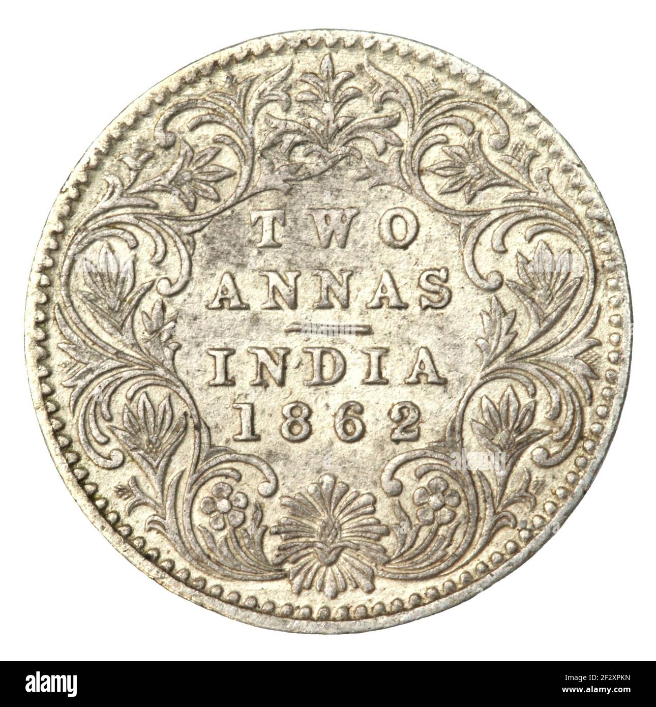 Old Indian Two Anas Coin di 1862 closeup Foto Stock