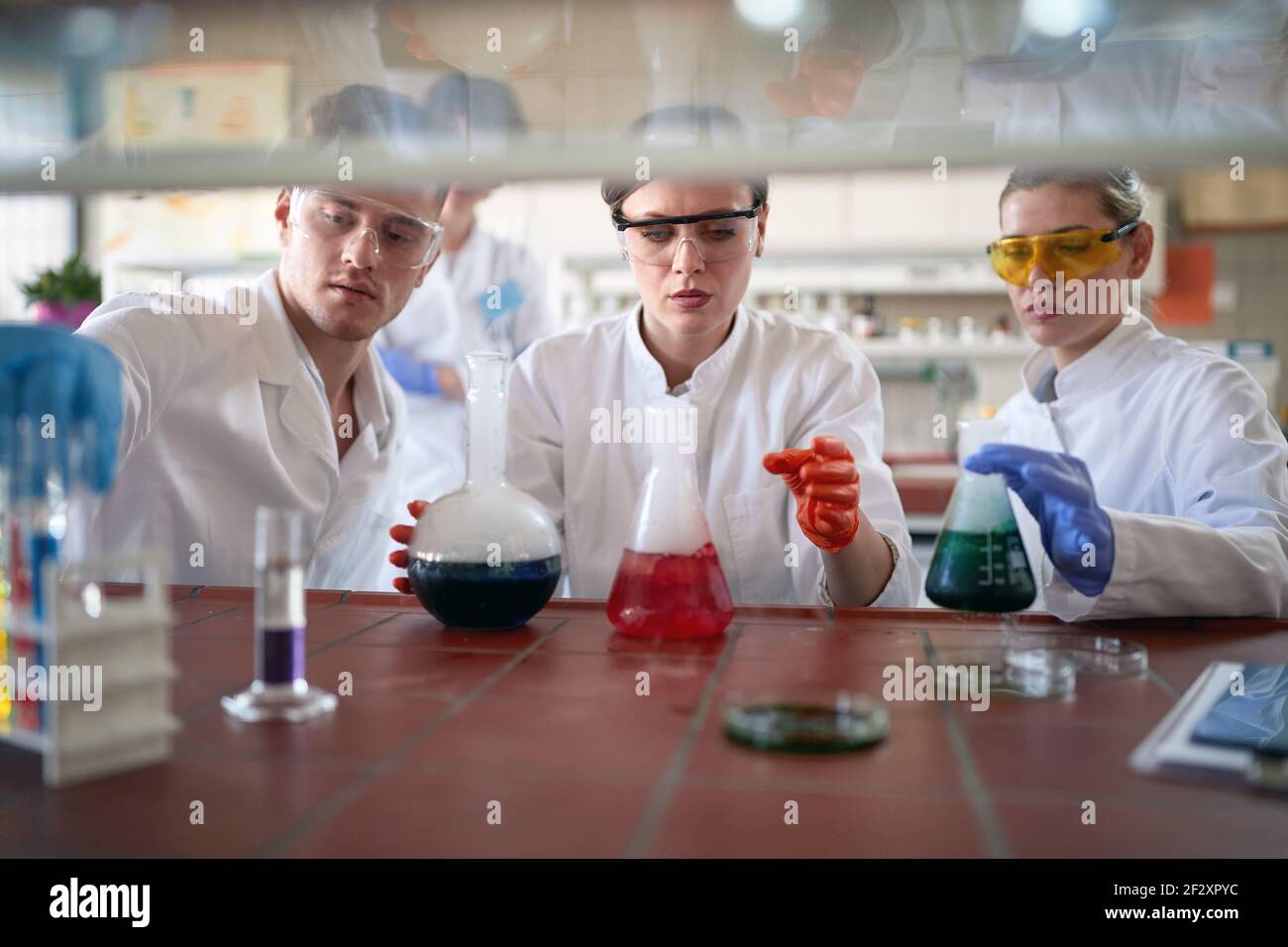 Giovani studenti di chimica lavorano con cautela mentre maneggiano sostanze chimiche pericolose in un'atmosfera di lavoro nel laboratorio universitario. Scienza, chimica Foto Stock