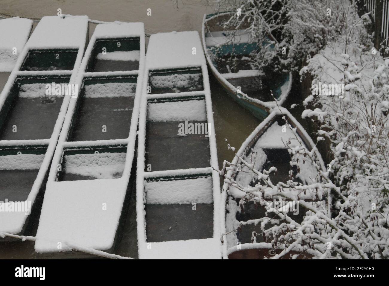 Puntate innevate sul fiume Cherwell, Oxford. Foto Stock