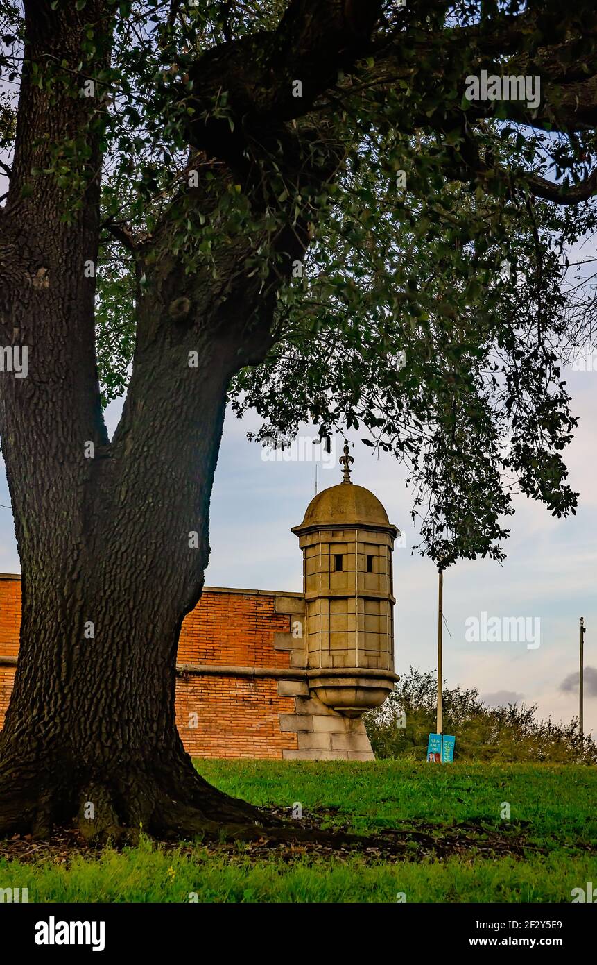 Accanto al Forte di Colonial Mobile si erge un albero di querce vivo, in dono dalla città gemella di Mobile, Pau, Francia, dopo l'uragano Frederic. Foto Stock