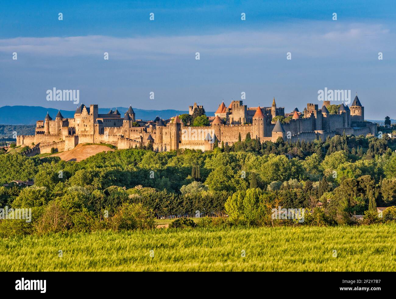 Città fortificata di Carcassonne, vista generale, zona della Linguadoca, dipartimento dell'Aude, regione dell'Occitanie, Francia Foto Stock