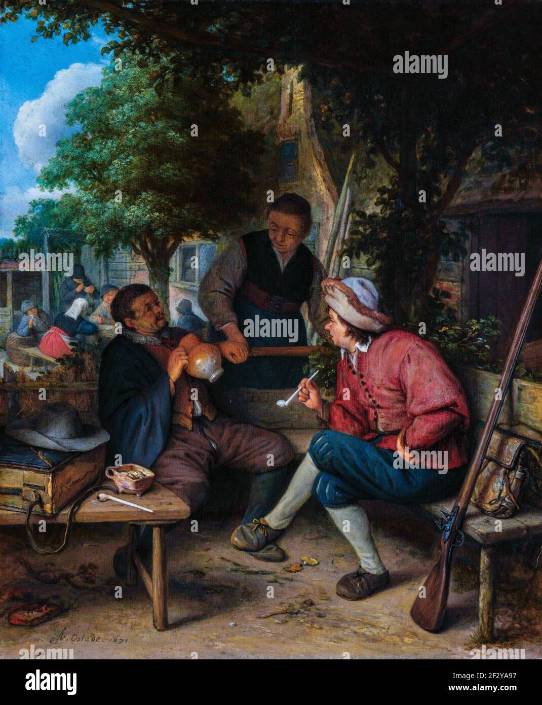 Viaggiatori che riposano. Seduti su una panchina sulla terrazza di una locanda, due uomini hanno una chiacchierata con l'altro, tra loro è una padrona di casa. Il viaggiatore sulla le Foto Stock