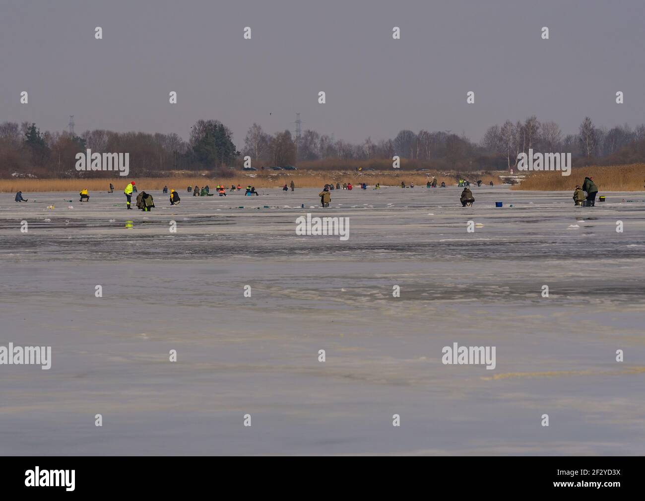 fiume congelato, pescatori piegati e ghiacciati che pescano o si muovono lungo un fiume congelato in cerca di migliori punti di pesca per catturare più pesci Foto Stock