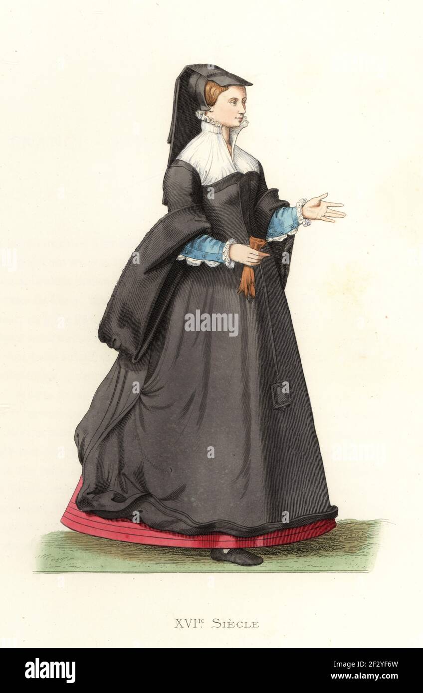 Bourgeoise donna di Parigi, 16 ° secolo. Indossa una variante quadrata del  cappelletto o della vedova headdress, veste nera con colletto bianco. Porta  i guanti e uno specchio quadrato appeso alla cintura