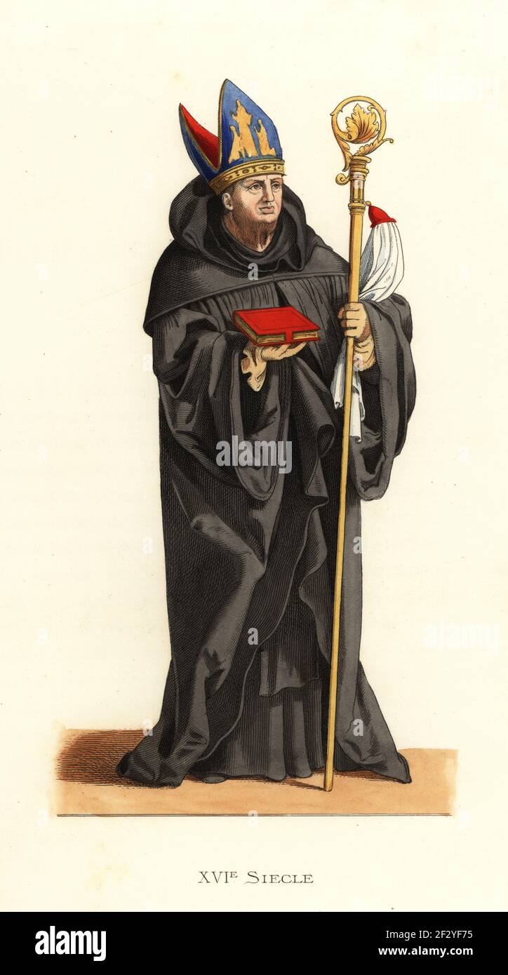 Abate benedettino, Germania, 16 ° secolo. In abito nero, portando una  bibbia e crozier, indossando un mitro ricamato. Da una storia dei  Benedettini. Allemagne, Benedettino. Litografia colorata a mano dopo  un'illustrazione di