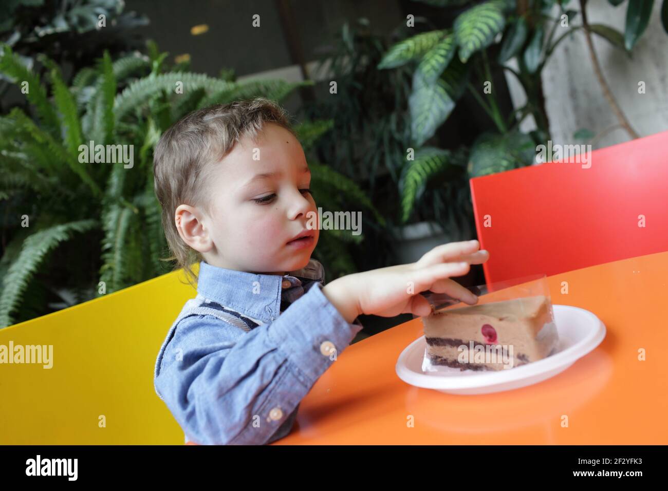 Bambino che tocca un pezzo di torta nel caffè Foto Stock