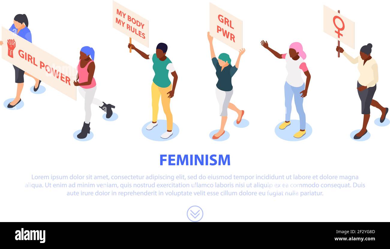 Un gruppo di donne che tengono i cartelli con gli slogan del femminismo. Difesa dei diritti e delle libertà. Isolato su sfondo bianco. Vettore piatto isometrico i Illustrazione Vettoriale