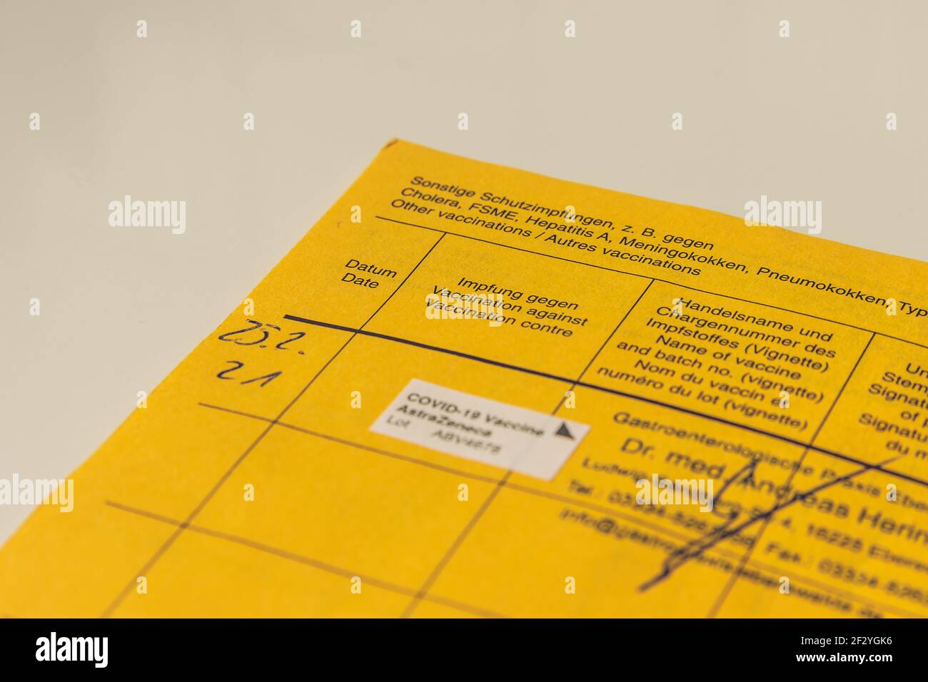 Estratto dal certificato internazionale di vaccinazione. Carta d'identità gialla dell'Organizzazione Mondiale della Sanità per combattere la malattia. Pagina della carta di vaccinazione Foto Stock