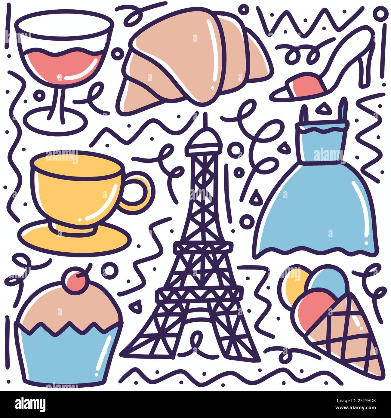 doodle set di vacanze a parigi disegni a mano Illustrazione Vettoriale