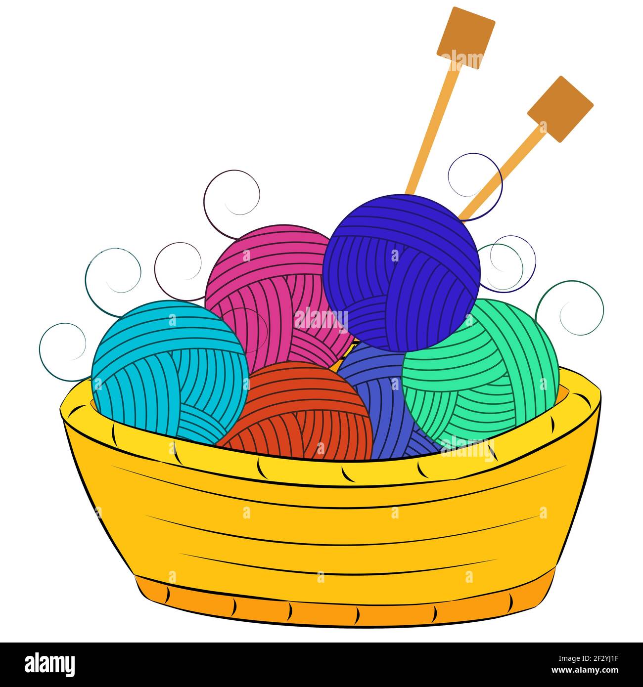 Palline di lana e aghi da maglieria giacciono in un cesto. Vettore EPS 10 su sfondo bianco Illustrazione Vettoriale