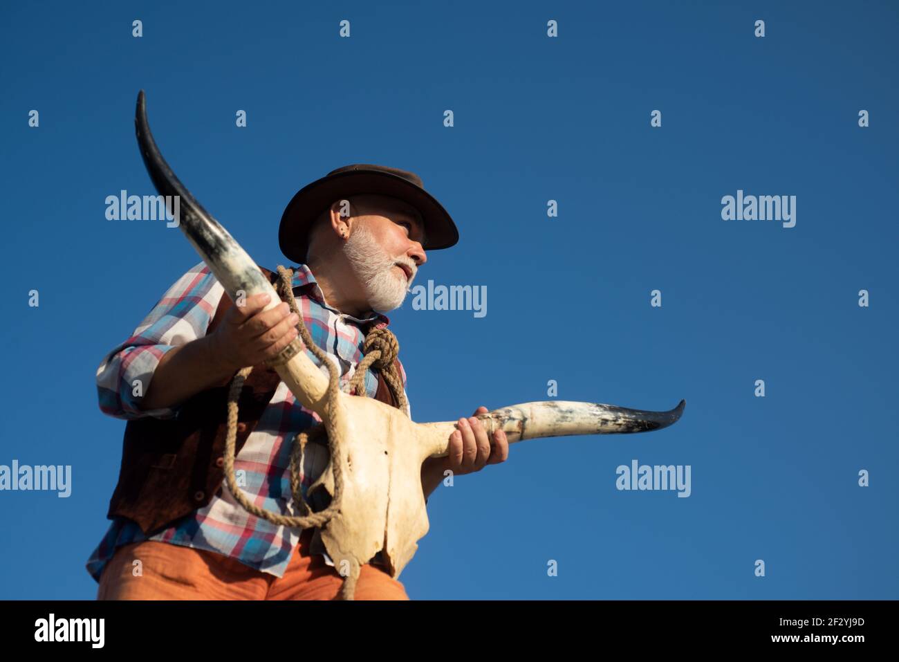 Vecchio cowboy occidentale con ossa di bufalo o cranio di mucca. Uomo  anziano bearded con giacca marrone e cappello al selvaggio West Foto stock  - Alamy