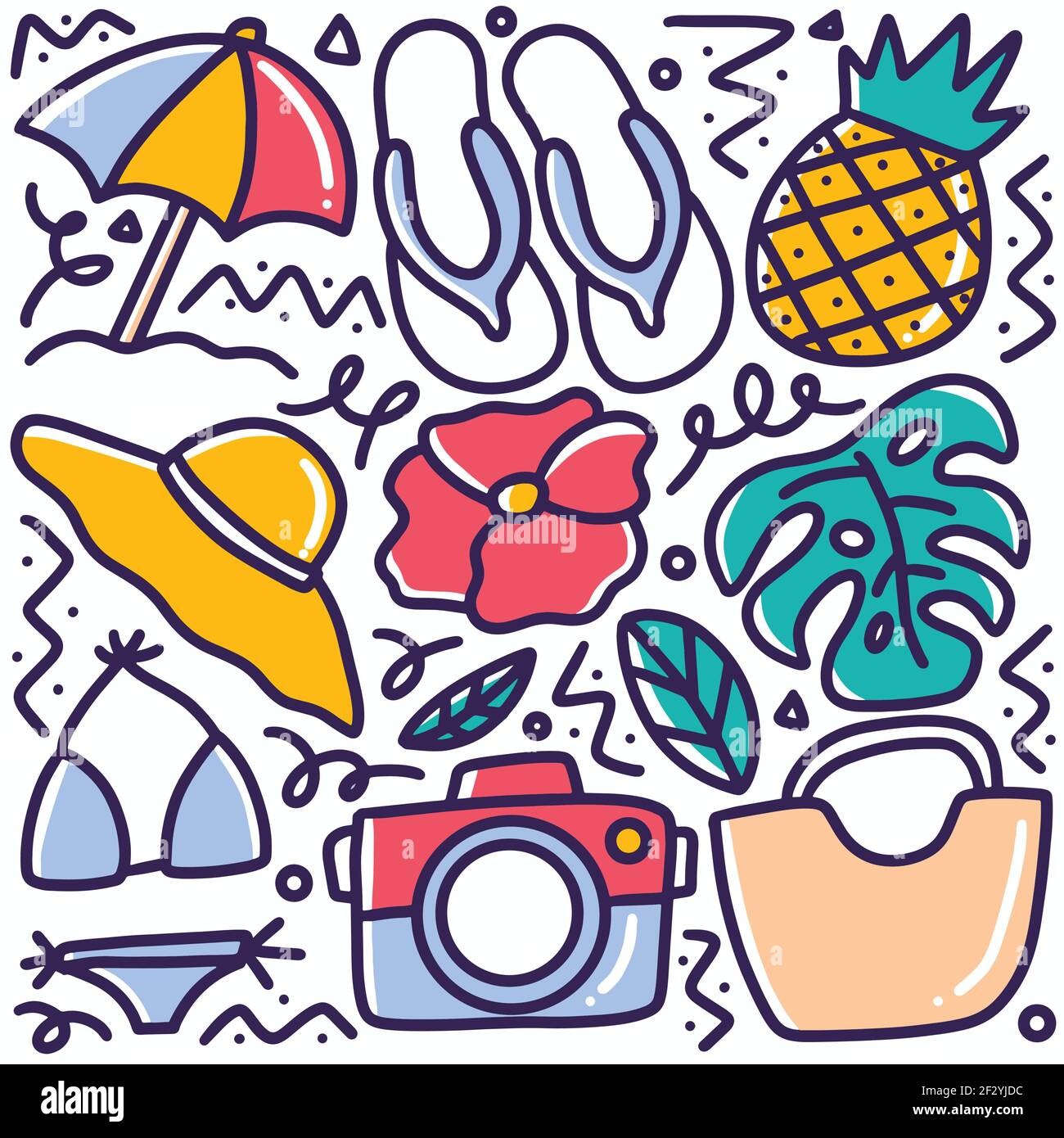 attrezzi da spiaggia disegnati a mano doodle Illustrazione Vettoriale