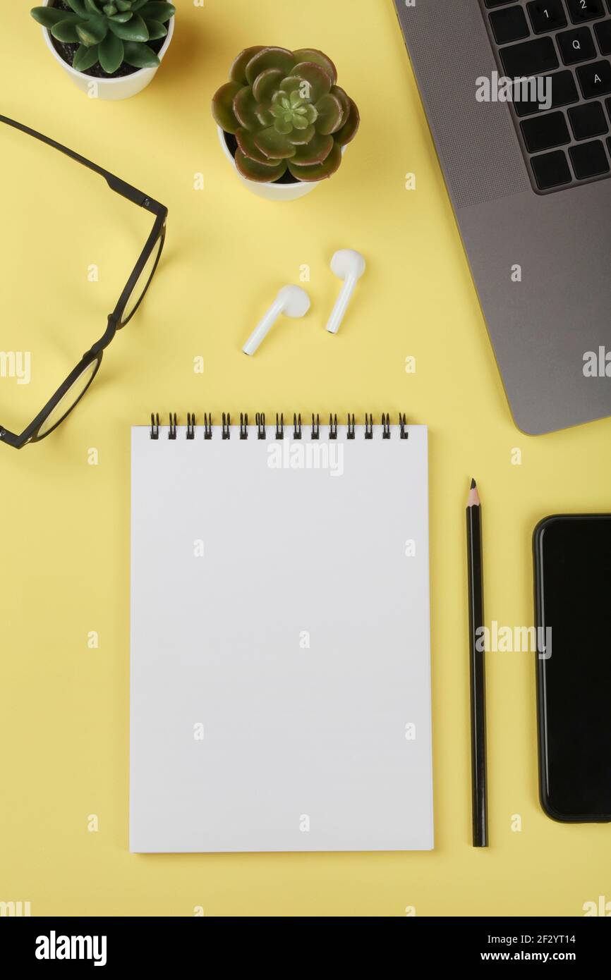scrivania da tavolo per ufficio, spazio di lavoro con notebook, telefono cellulare, computer, piante verdi e occhiali. Business background.Flat lay,top view.copy spazio Foto Stock