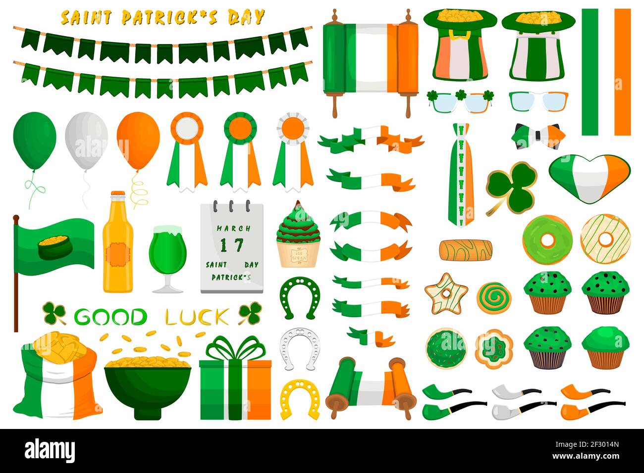 Illustrazione festa irlandese giorno di San Patrizio, monete d'oro in vaso. Big Set Irish St Patrick giorno composto da pentola di monete d'oro, cappelli verdi, molto altro. Pentola Illustrazione Vettoriale