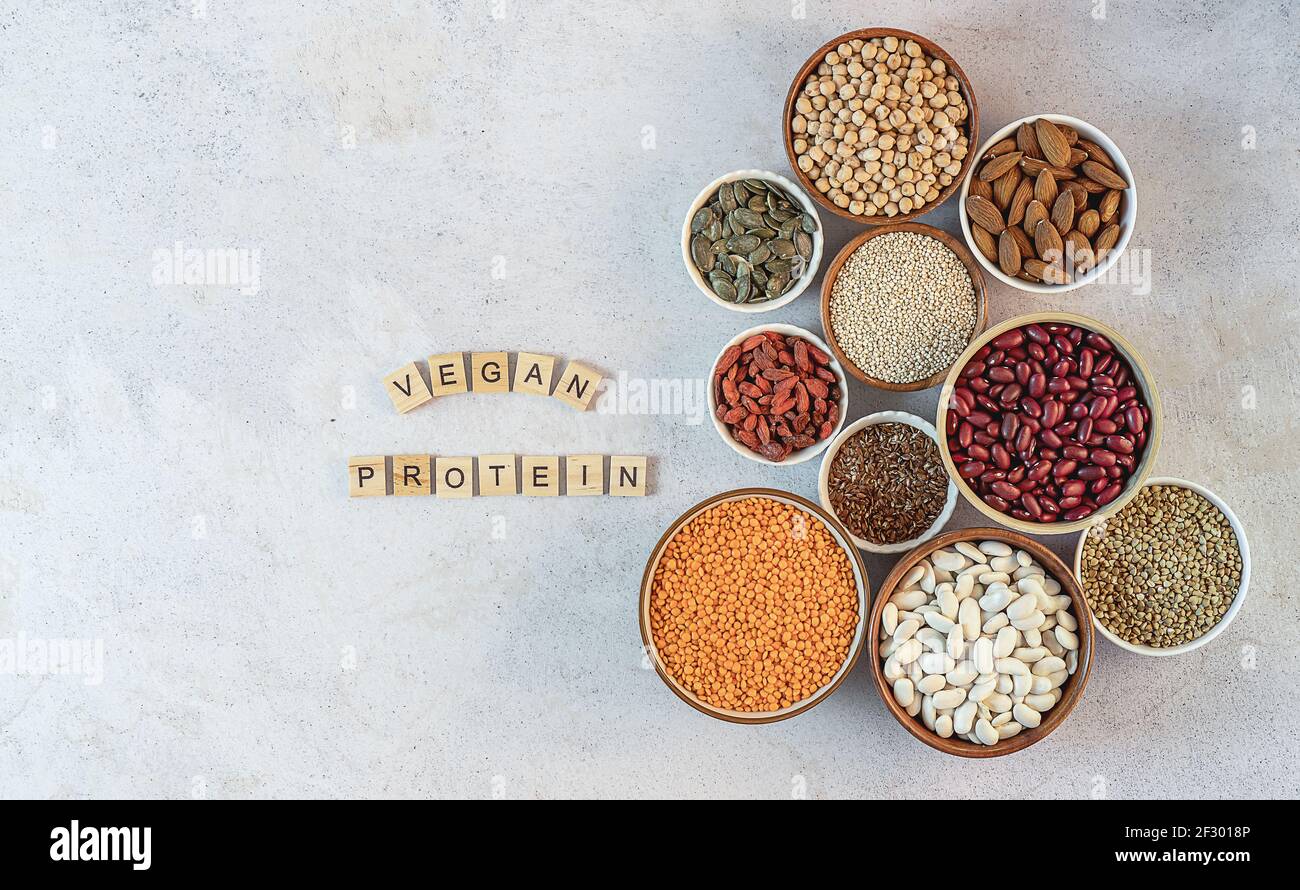 Ottime alternative proteiche sane per vegetariani e vegani. Cibo a base vegetale. Foto Stock