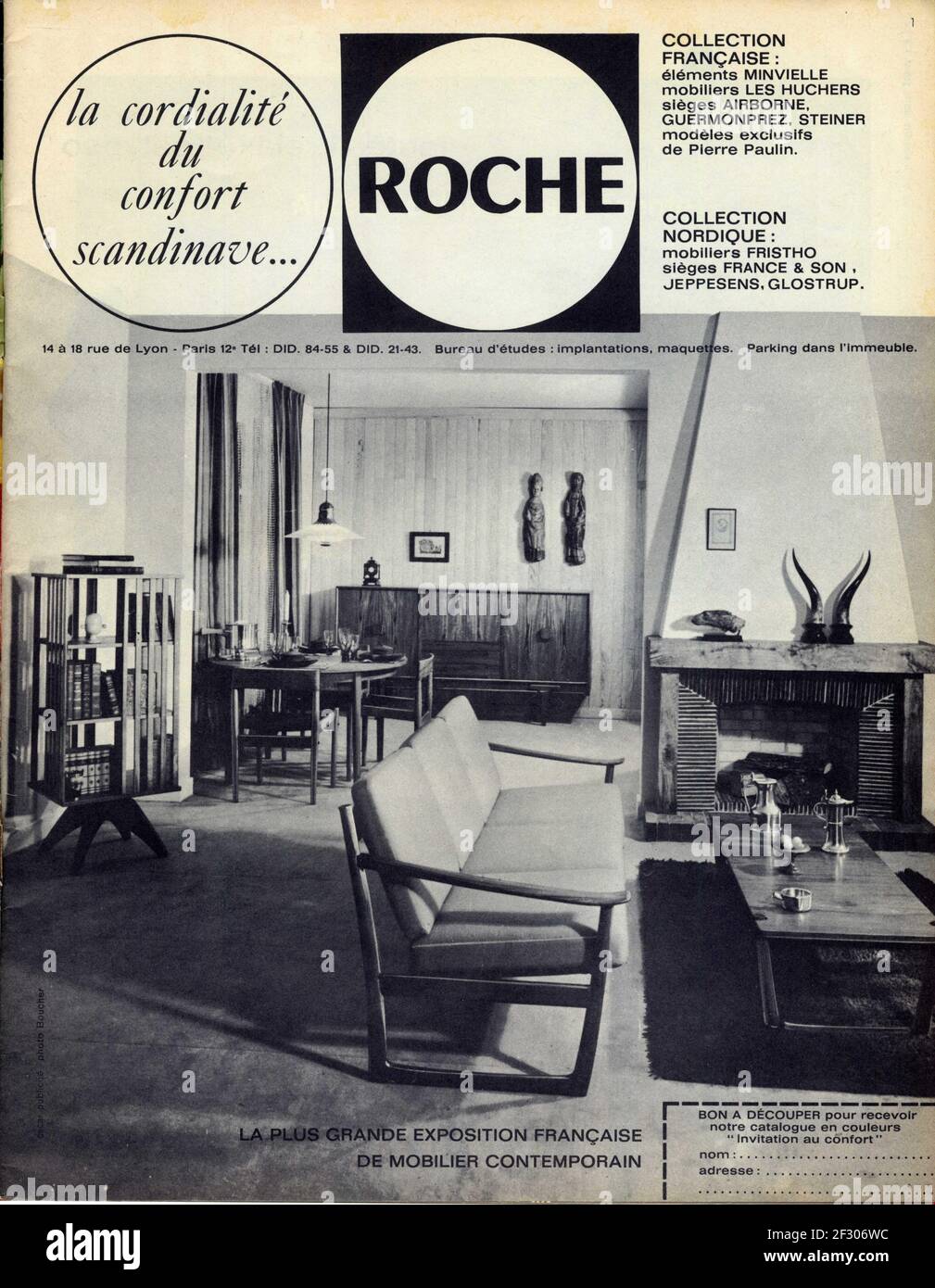 Publicité ancienne ROCHE, la cordialité du confort scandinave. 1963 Foto Stock