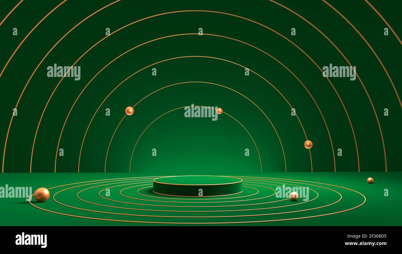 Podio verde con palline dorate e cerchi. Piedistallo di Natale e Capodanno per la pubblicità di un prodotto o servizio. Banner delle festività. Rendering 3D. Foto Stock