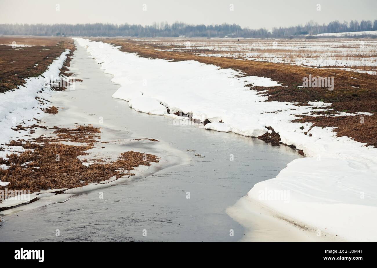 Fiume in primavera, sulla riva della neve. La neve si scioglie con l'arrivo del calore vicino alle rive del fiume. In primavera, il ghiaccio scende il Foto Stock