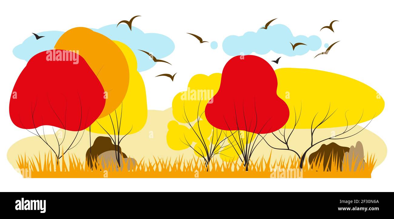 Autunno paesaggio Wonderland foresta con erba terra, metà autunno naturale in arancio fogliame, stagione autunnale con bella vista panoramica con uccelli volanti Illustrazione Vettoriale