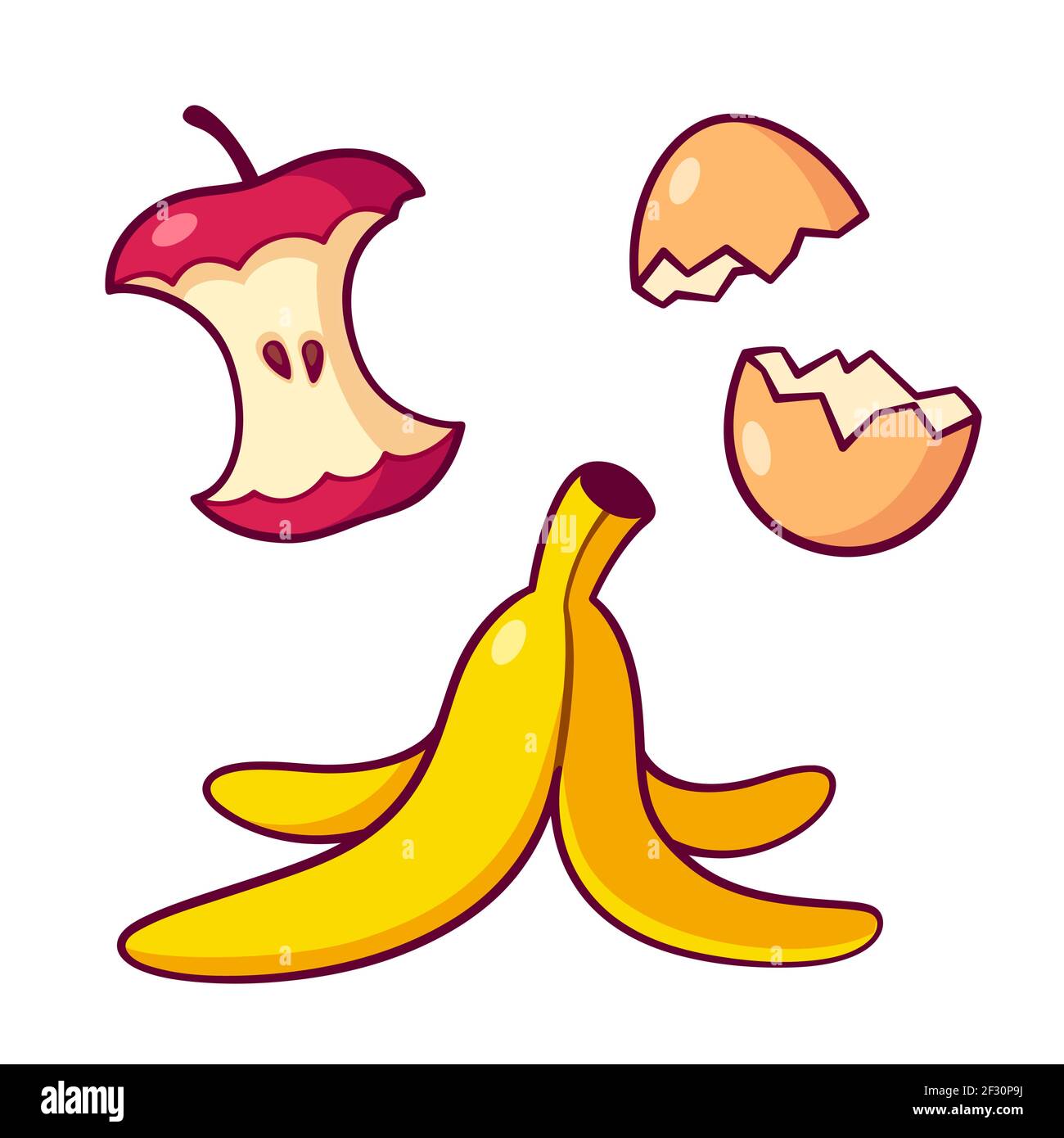 Rifiuti organici, rifiuti per composto. Anima di mela, buccia di banana e gusci d'uovo. Illustrazione della clip art vettoriale isolata. Semplice stile carino cartone animato. Illustrazione Vettoriale