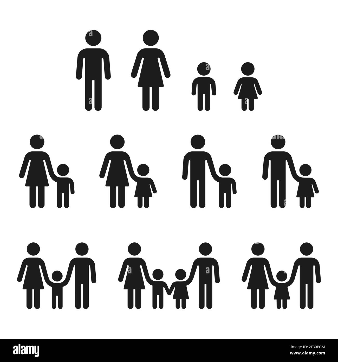 Adulti e bambini, diverse icone di sessi. Mamma e papà che tengono la mano di figlio e figlia, famiglia e un genitore. Set di simboli vettoriali. Illustrazione Vettoriale
