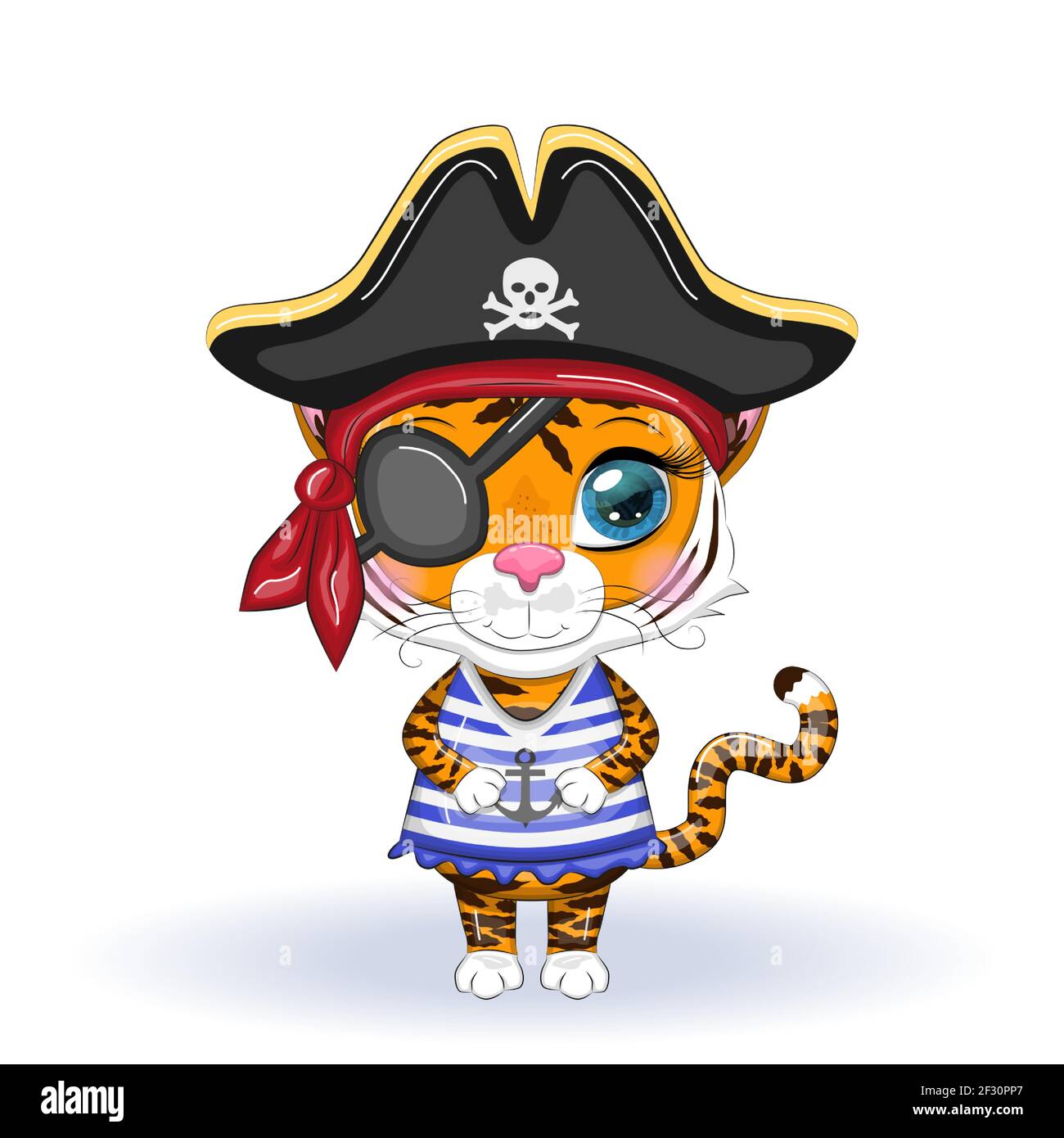 Carino tigre cartoon con occhi bellissimi a immagine di un pirata. Illustrazioni per il Capodanno cinese 2022, anno della Tigre. Lunare nuovo anno 2022. Illustrazione Vettoriale