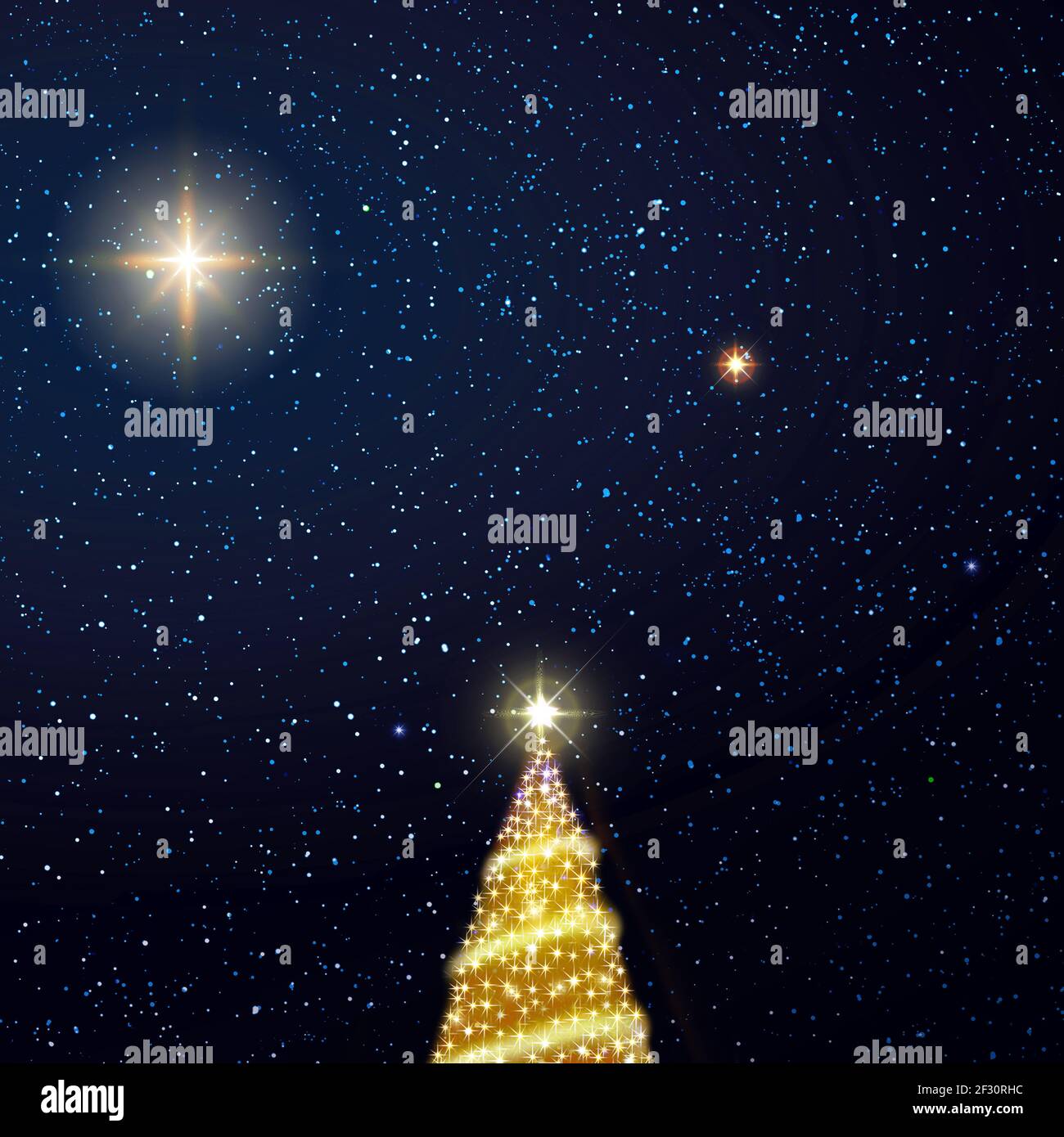 Albero di Natale isolato su cielo blu stelle. Sfondo di Natale. Foto Stock