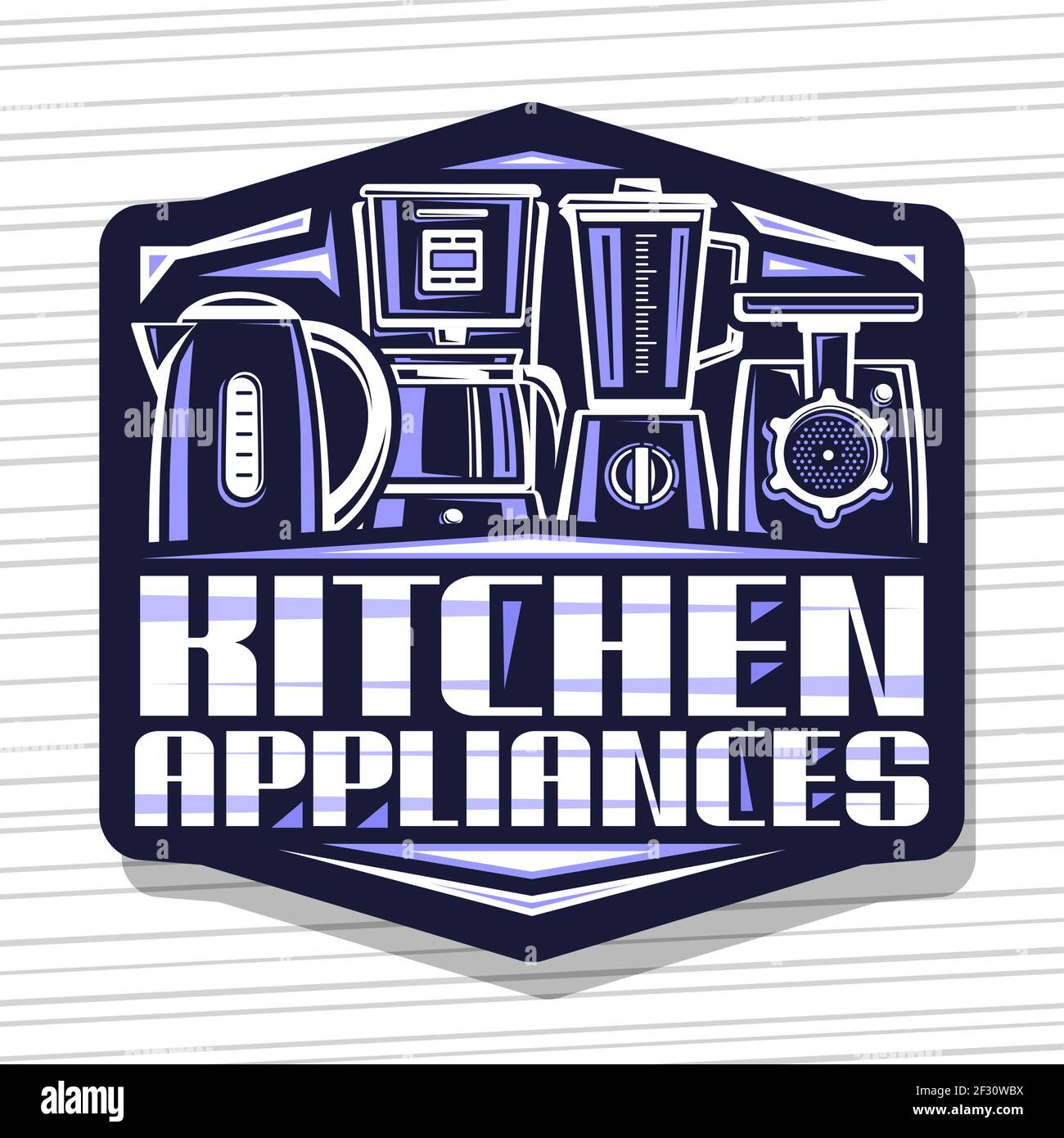 Logo vettoriale per elettrodomestici da cucina, cartoncino decorativo scuro con illustrazione di nuovi piccoli elettrodomestici, etichetta con esclusiva carta intestata a pennello Illustrazione Vettoriale