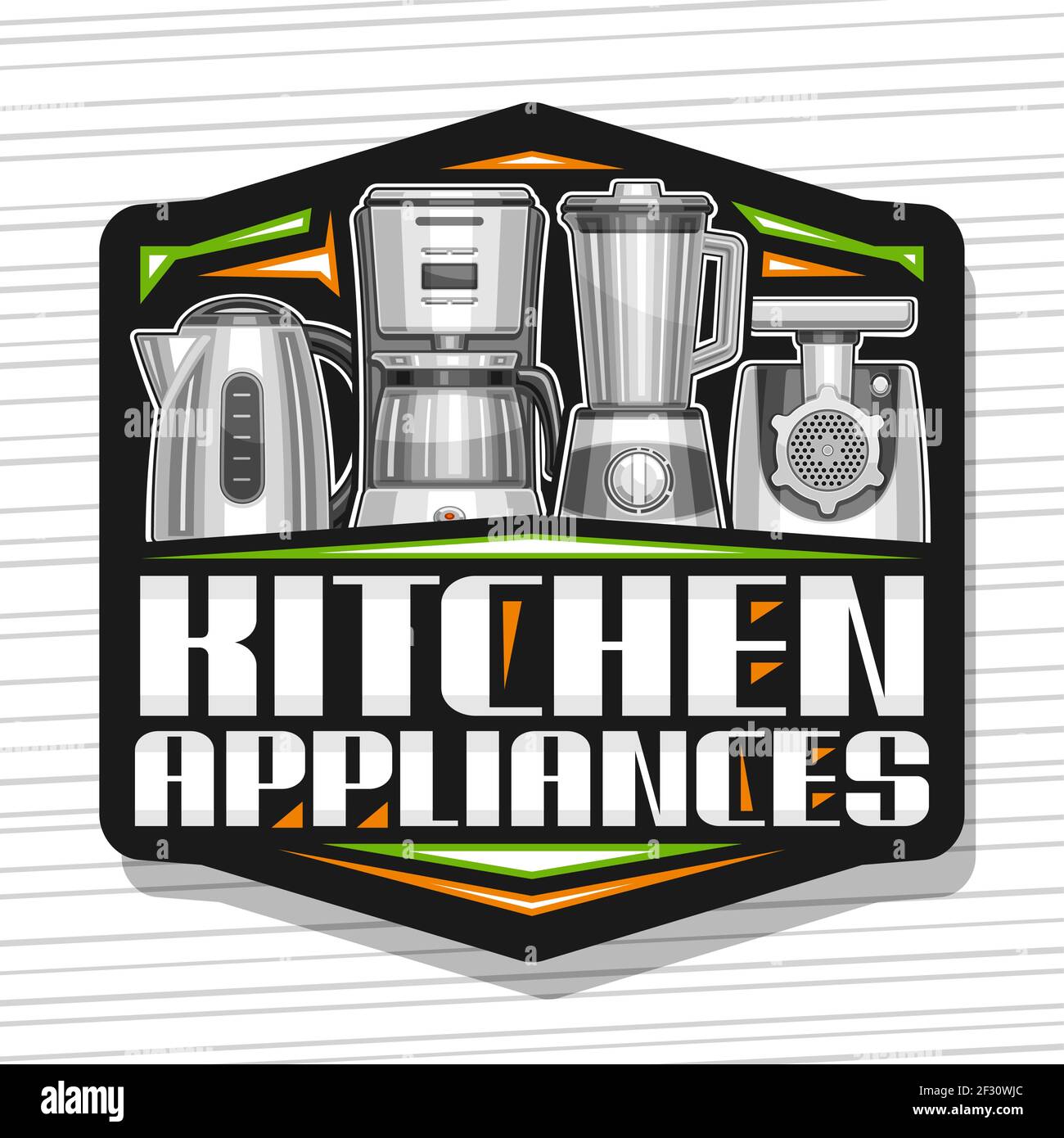 Logo vettoriale per elettrodomestici da cucina, cartoncino decorativo scuro con illustrazione di una varietà di elettrodomestici, concetto con scritta a spazzola esclusiva per WO Illustrazione Vettoriale