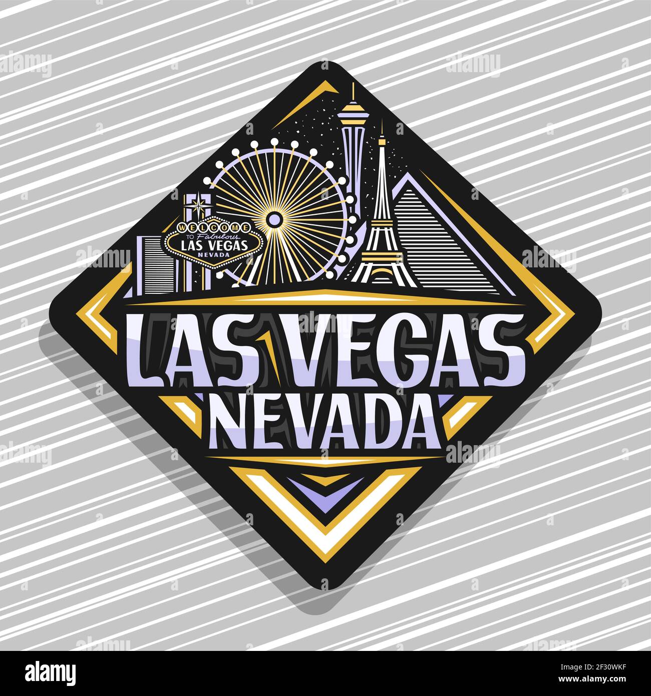 Logo vettoriale per Las Vegas, etichetta rombi decorativa nera con illustrazione di linea del paesaggio americano città su sfondo crepuscolo cielo, art design frigo magn Illustrazione Vettoriale