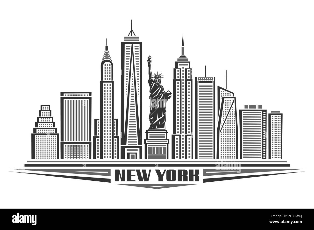 Illustrazione vettoriale di New York City, poster in bianco e nero con il simbolo di NYC - Statua della libertà e delineare il paesaggio urbano moderno, urbano contemporaneo Illustrazione Vettoriale
