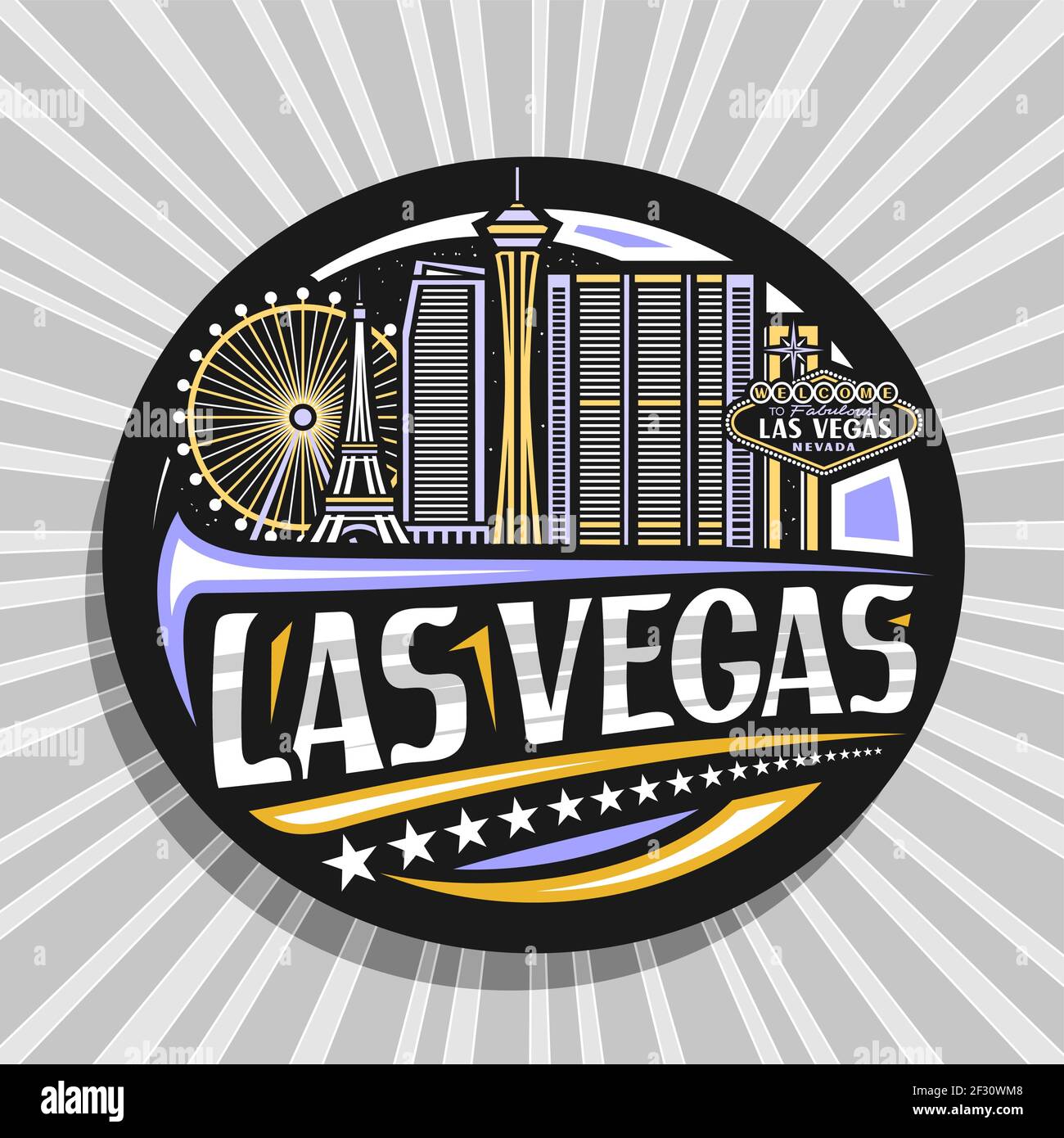 Logo vettoriale per Las Vegas, badge decorativo nero con illustrazione di contorno del paesaggio americano città su sfondo crepuscolo cielo, art design frigorifero turistico m Illustrazione Vettoriale