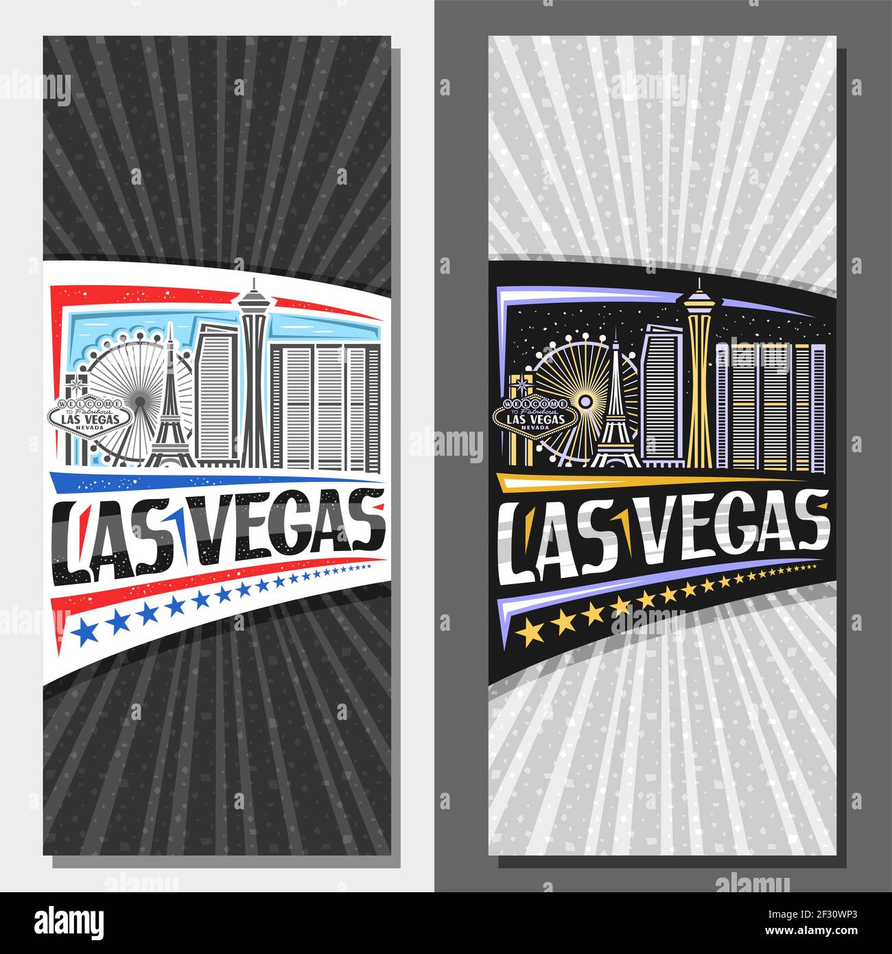 Vetector layout verticali per Las Vegas, dépliant decorativo con illustrazione del paesaggio americano della città di giorno e cielo crepuscolo sfondo, art design turistico Illustrazione Vettoriale