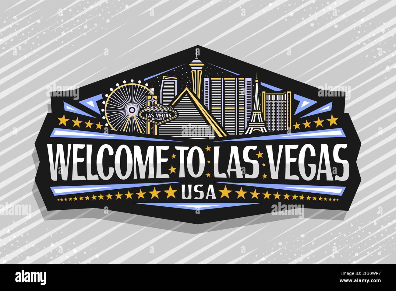 Logo vettoriale per Las Vegas, etichetta decorativa nera con illustrazione del profilo della città americana paesaggio su sfondo crepuscolo cielo, art design frigo magnete wi Illustrazione Vettoriale