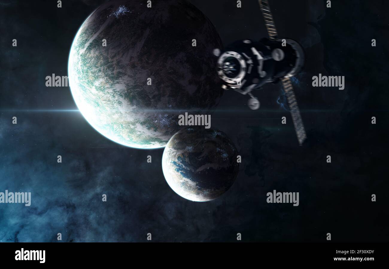 Pianeti di spazio profondo. Stazione spaziale sfocata in movimento Foto Stock