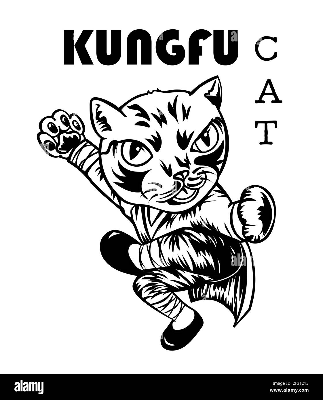 Gatto Kungfu, gatto da caccia, silhouette nera su sfondo bianco, illustrazione vettoriale, Illustrazione Vettoriale