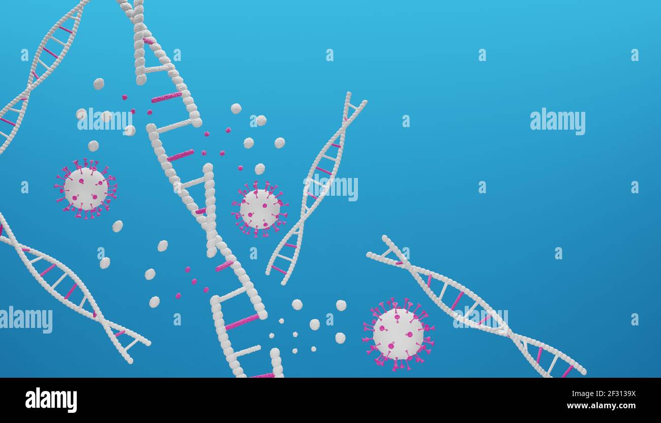 Il rendering 3D di un Coronavirus pericoloso per la salute ha danneggiato la catena del DNA.Illustrazione di un'immagine digitale per la medicina. Foto Stock