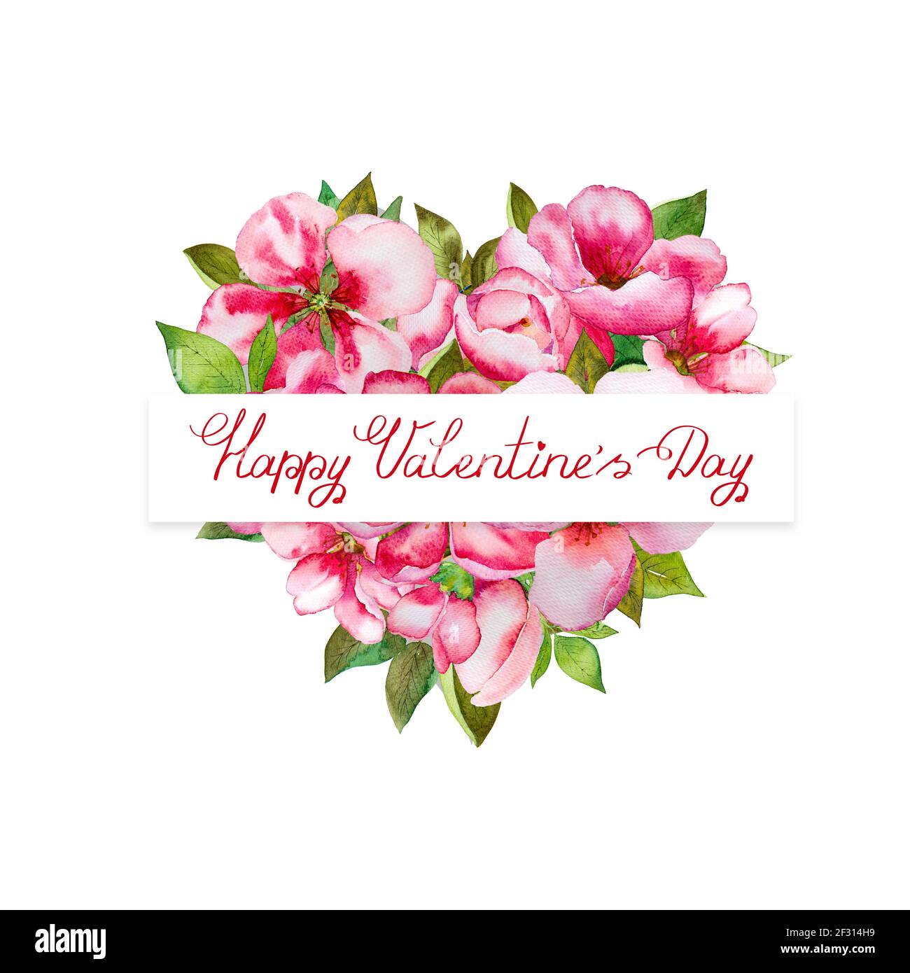 Cuore colorato di San Valentino con fiori rosa e foglie verdi Foto Stock