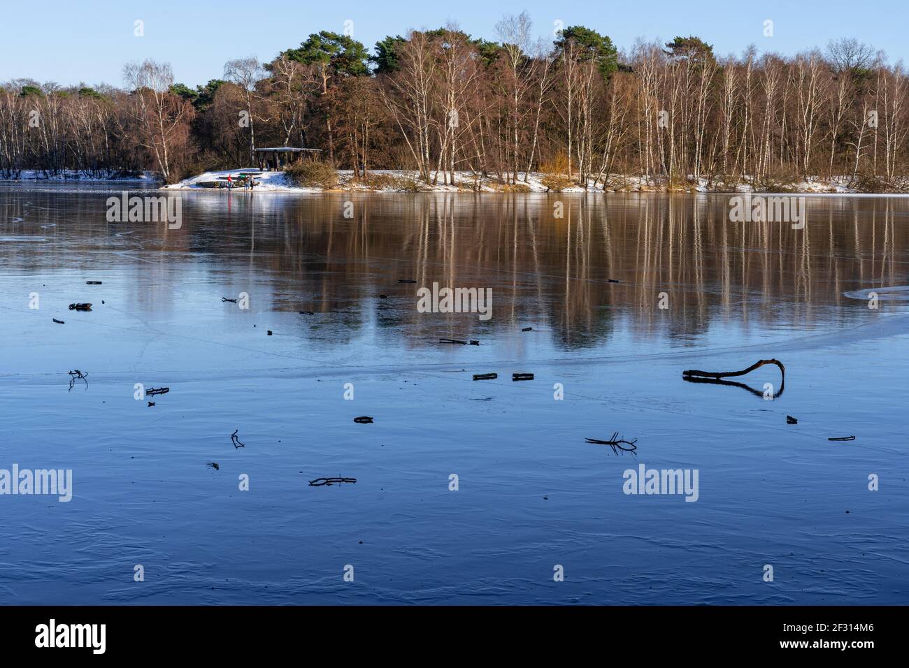 Una passeggiata nella zona ricreativa Sechs-Seen-Platte a Duisburg Wedau in una giornata invernale soleggiata e fredda Foto Stock