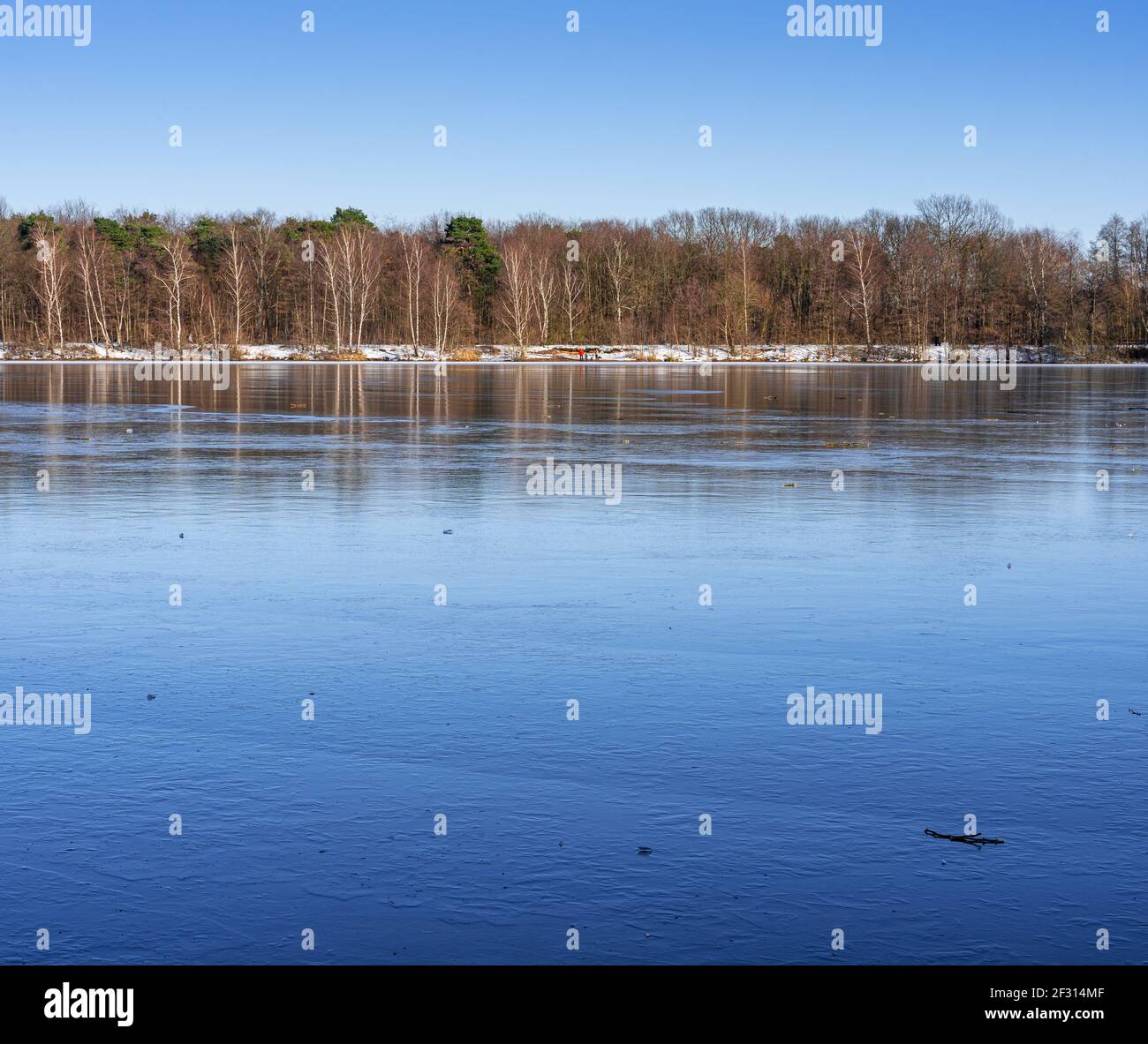 Una passeggiata nella zona ricreativa Sechs-Seen-Platte a Duisburg Wedau in una giornata invernale soleggiata e fredda Foto Stock