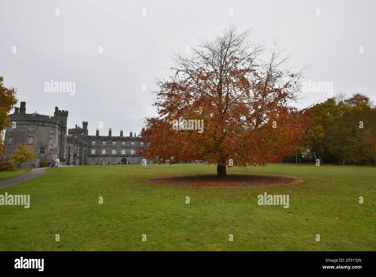 Paesaggio autunnale con vista panoramica del Castello di Kilkenny e dei giardini circostanti a Kilkenny, Leinster Irlanda. Foto Stock