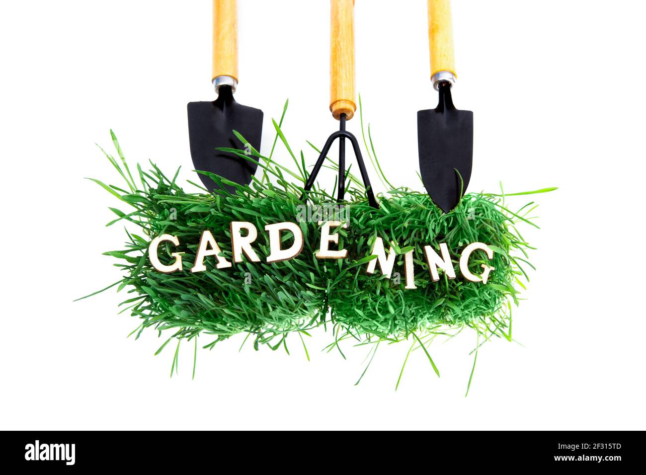 Composizione creativa di concetto di giardinaggio fatta di un mazzo di erba verde fresca, un set di attrezzi manuali da giardino e lettere di legno isolate su sfondo bianco Foto Stock