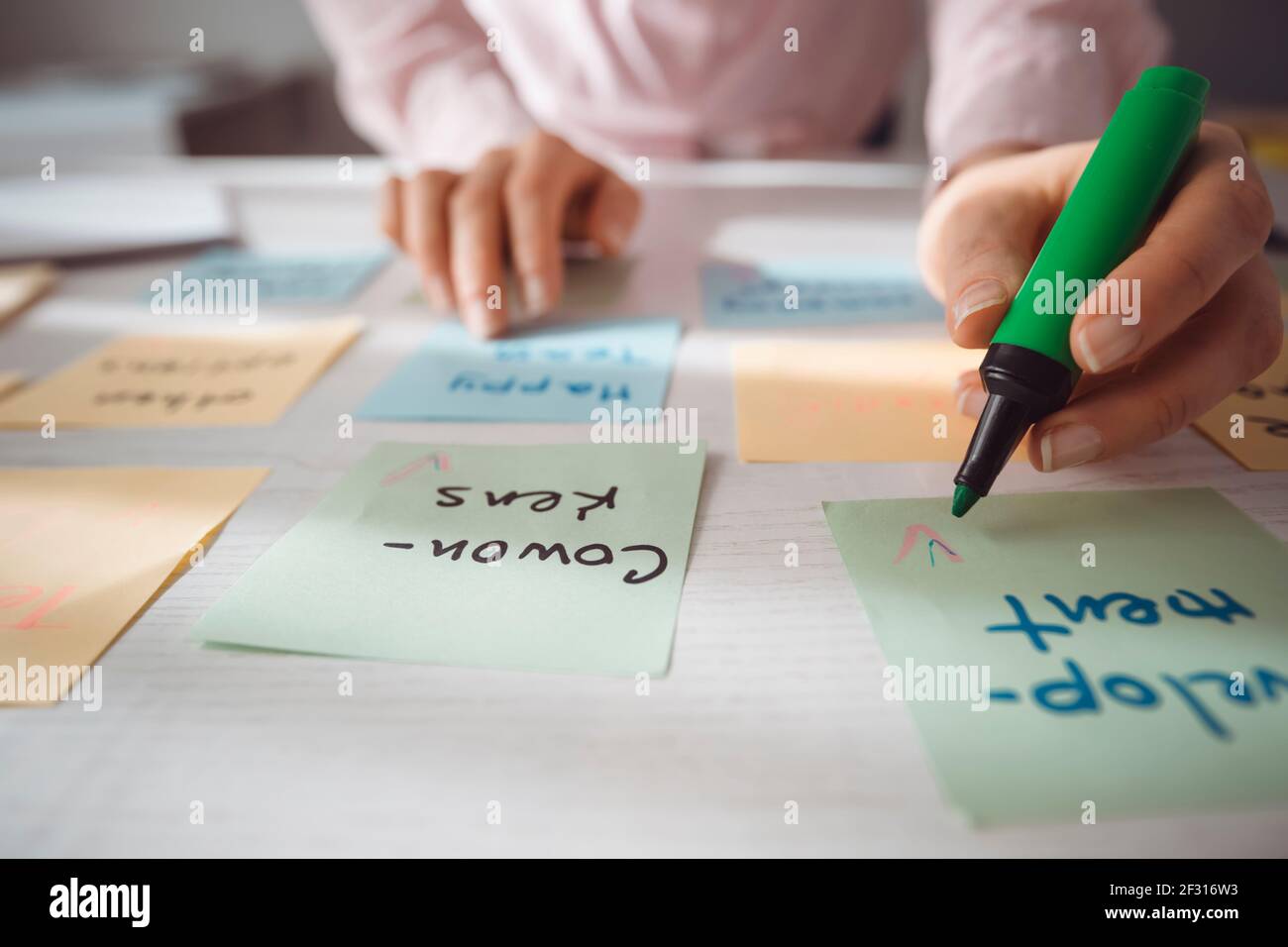 Donna d'affari che lavora su un progetto utilizzando note appiccicose sul suo desktop. Brainstorming per trovare nuove idee per lo sviluppo dell'azienda. Foto Stock